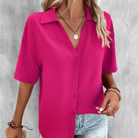 New v neck button down long sleeve top - Picture 3 of 8